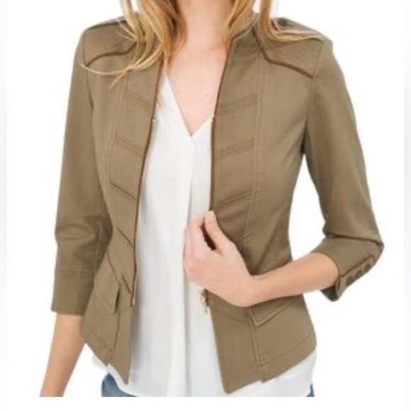 Olive Tan Military Style Shoulder Pad Zip Up Jacket Pockets Size 12 - Picture 1 of 15